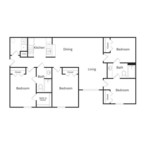 Floor plan for 4 beds, 2 baths, 1298 sqft